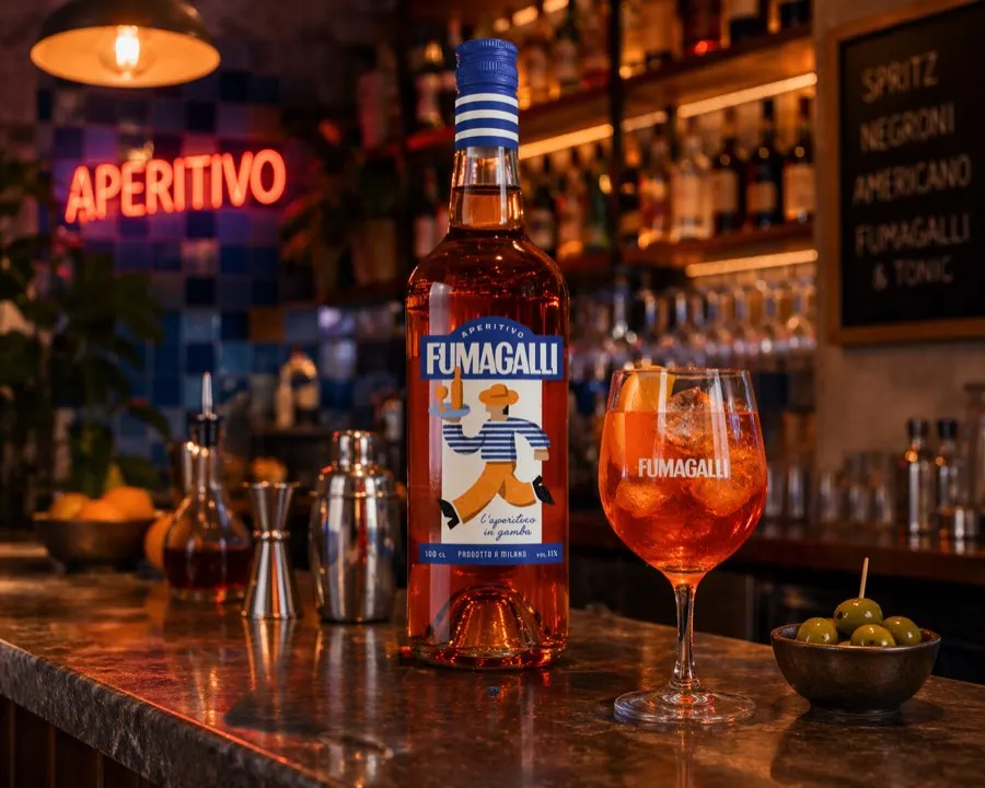 Bottiglia di Fumagalli aperitivo con spritz al banco