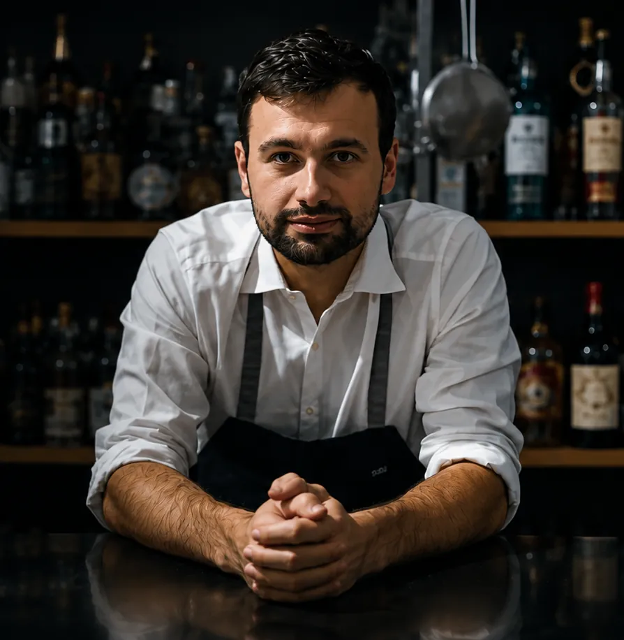Bartender con le mani intrecciate sul banco, davanti alla bottigliera