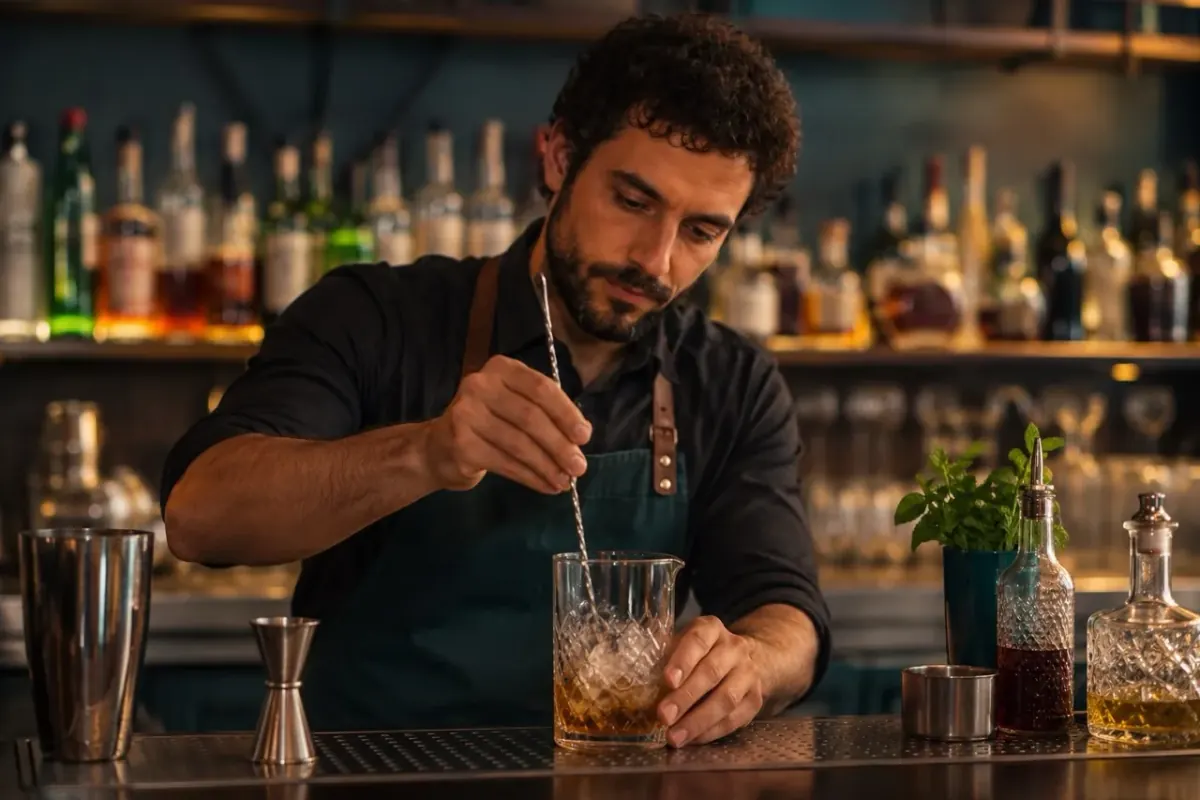 Bartender che mescola nel mixing glass con il bar spoon
