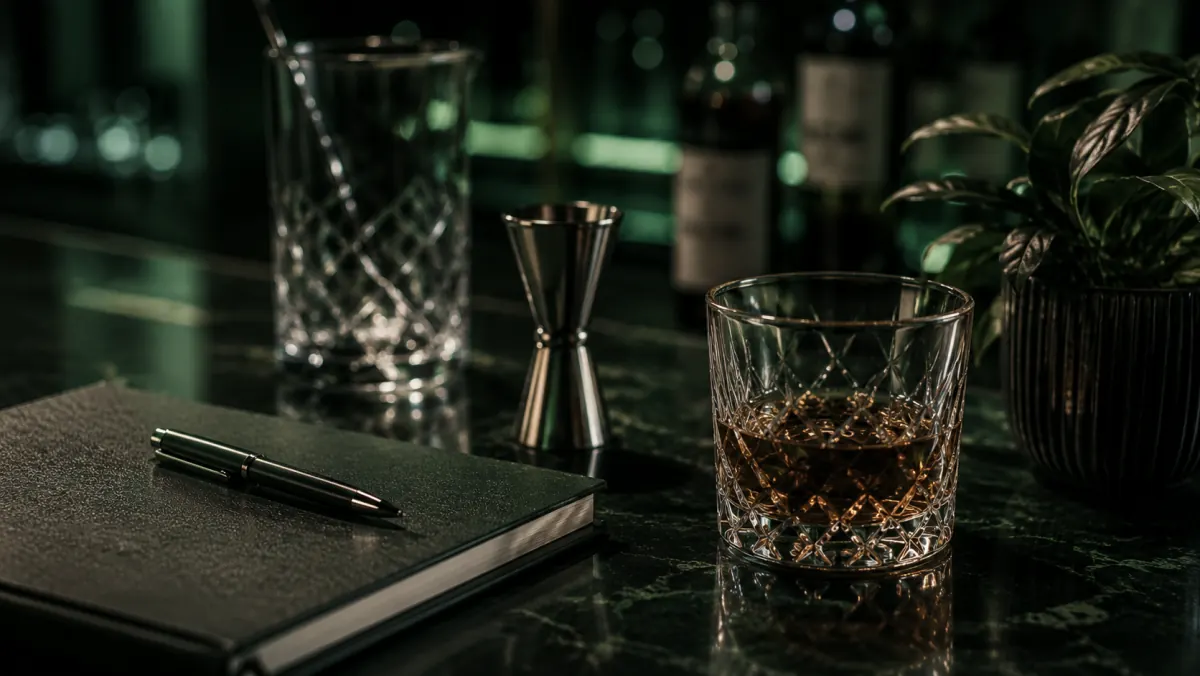Quaderno, jigger e tumbler di whisky su un banco di marmo verde