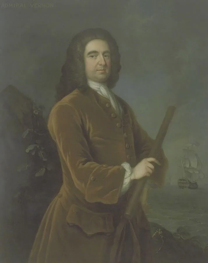 Ritratto a olio dell'ammiraglio Edward Vernon in giacca marrone con un cannocchiale in mano e una nave sullo sfondo
