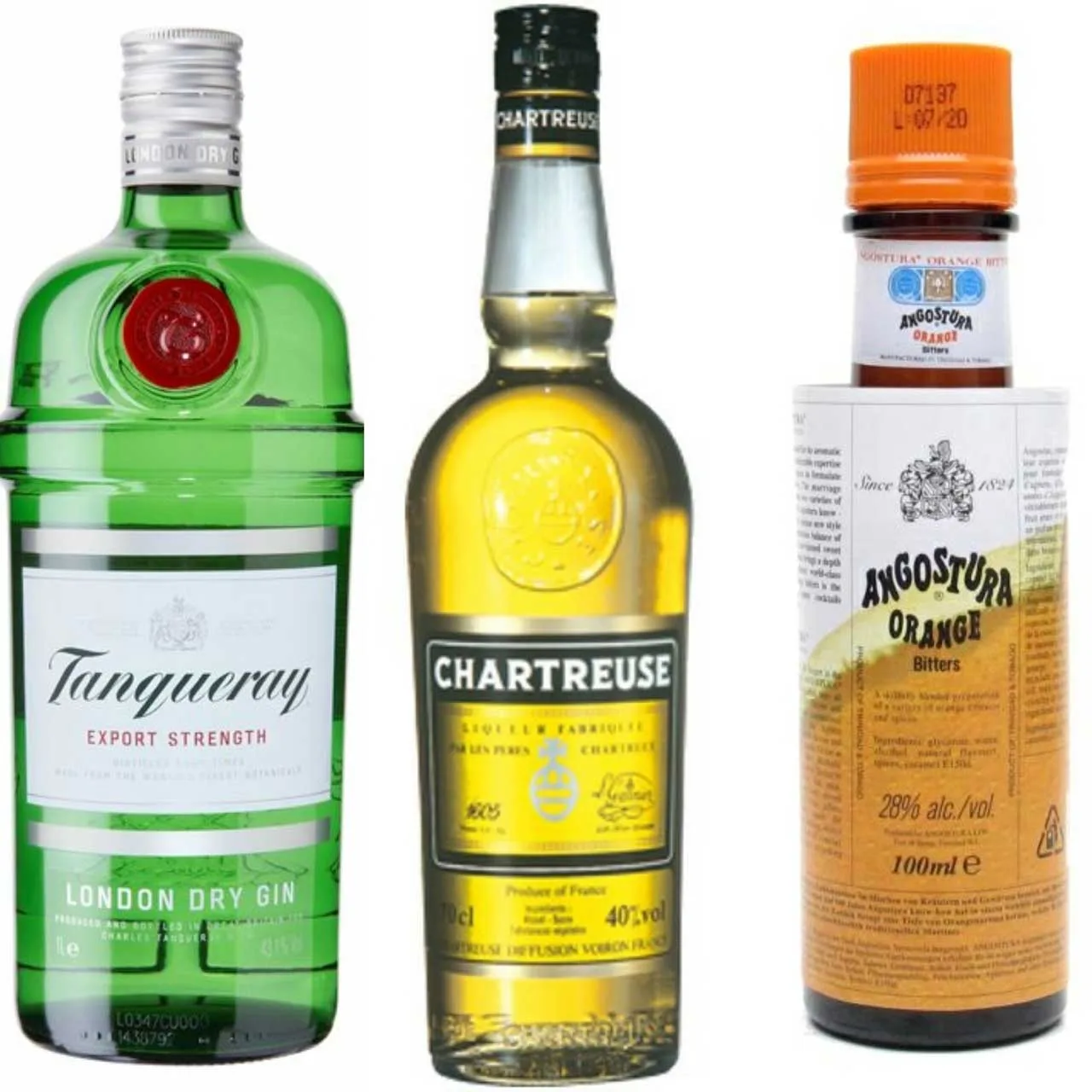 Gli ingredienti dell'Alaska: London Dry Gin, Chartreuse gialla e Angostura Orange Bitters