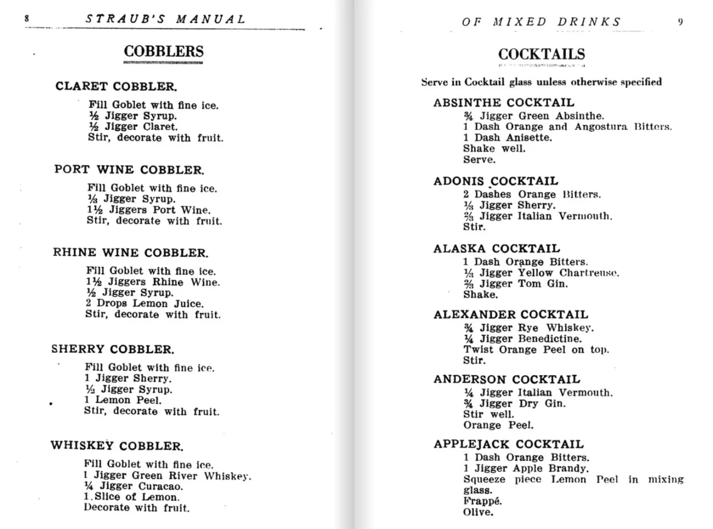 Stralcio dello Straub's manual of mixed drinks del 1913 con la ricetta dell'Alaska
