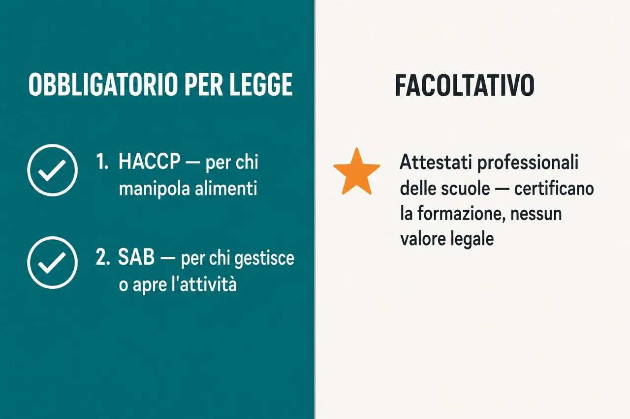 Schema a due colonne: obbligatorio per legge, HACCP per chi manipola alimenti e SAB per chi gestisce o apre l'attività; facoltativo, gli attestati professionali delle scuole che certificano la formazione senza valore legale