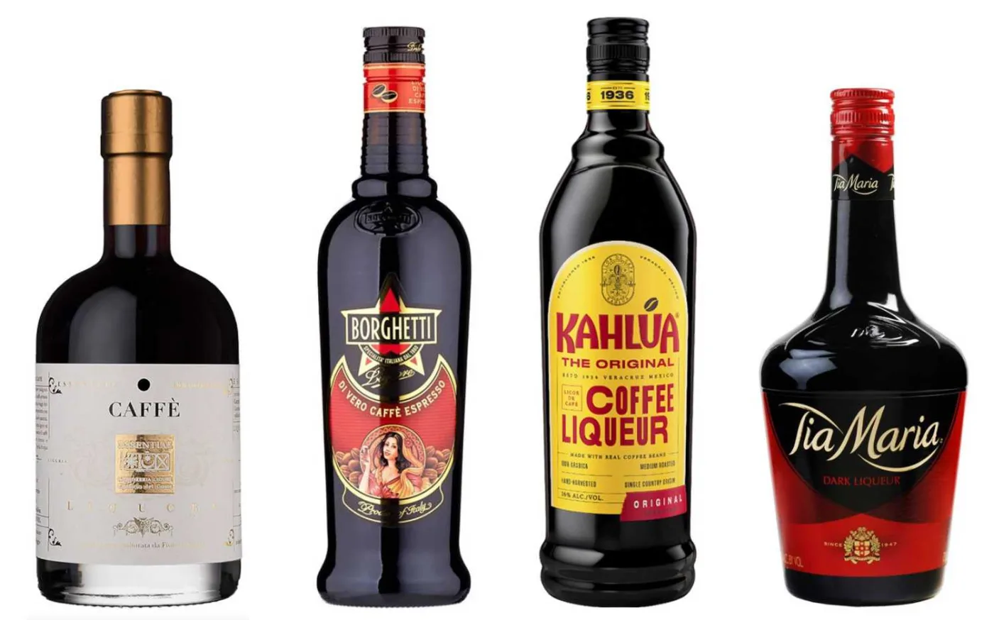 alcune bottiglie di liquore al caffè di varie marche: Essentiae Lunae, Borghetti, Kahlúa, Tia Maria.