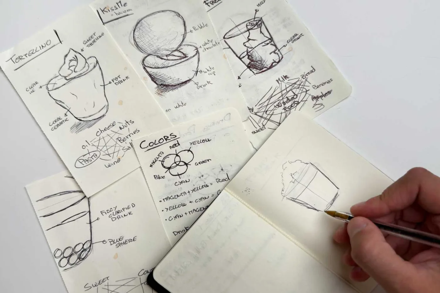 Pagine di un taccuino con bozzetti a penna di bicchieri e progetti di cocktail, uno schema dei colori e una mano che disegna con una penna