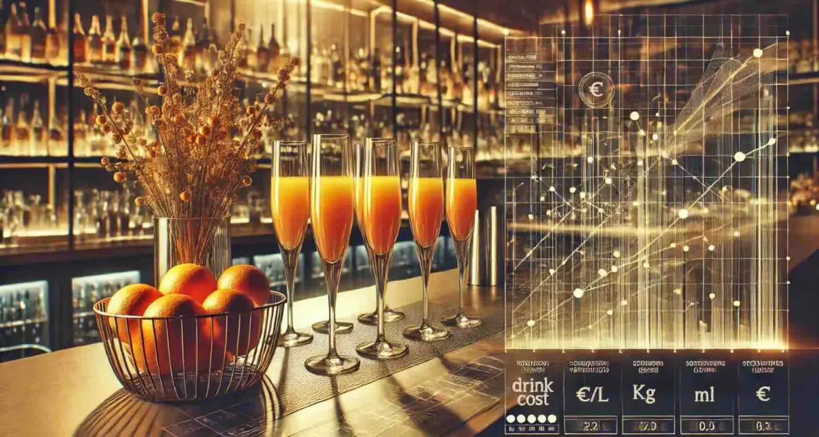 Un'immagine generata dalla AI che rappresenta un moderno e raffinato cocktail bar con un'atmosfera accogliente. Sul banco bar ci sono alcuni calici a flute (riempiti con cocktail mimosa) e un cesto di arance. L'immagine è sovrapposta da grafici e calcoli che rappresentano il concetto di drink cost.