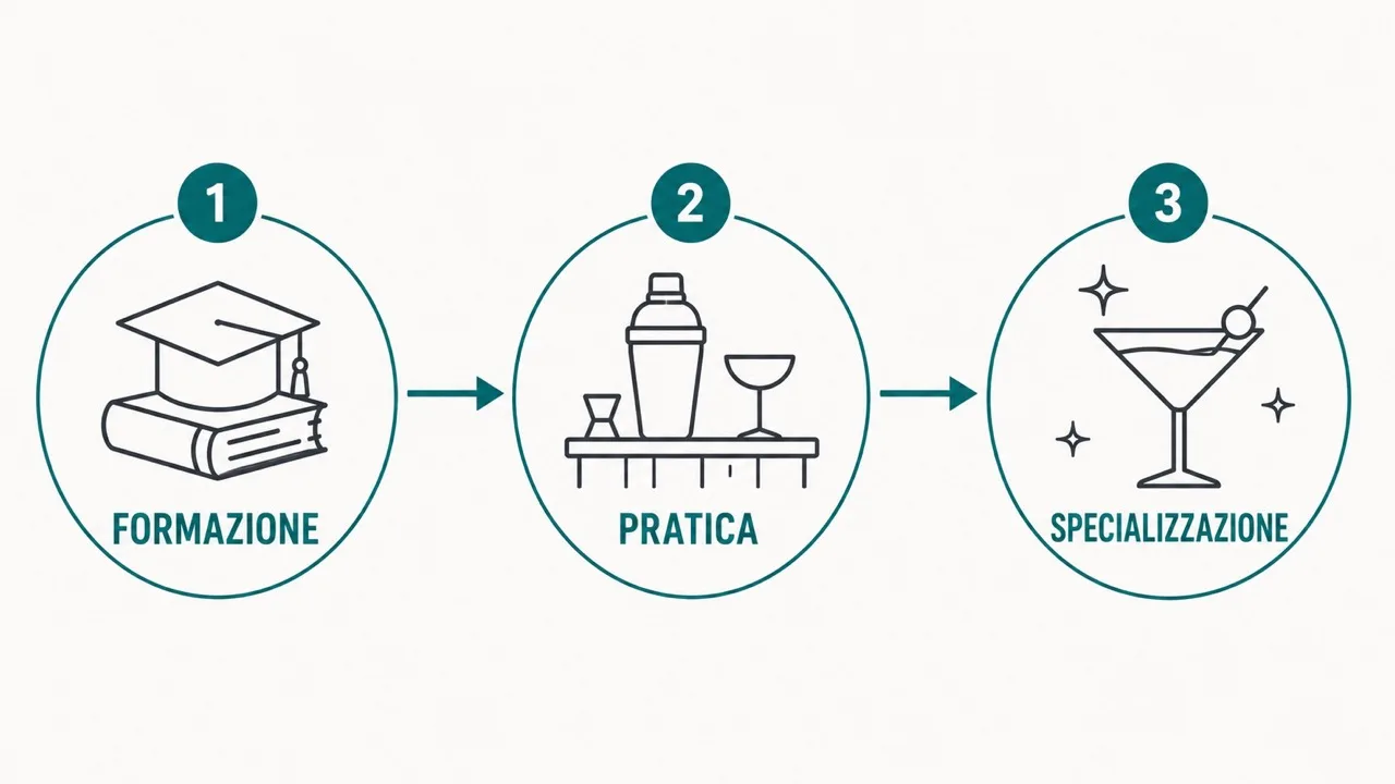 Schema in tre cerchi numerati: 1 formazione con libro e tocco di laurea, 2 pratica con shaker, jigger e coppetta sul bancone, 3 specializzazione con una coppa da cocktail e stelline