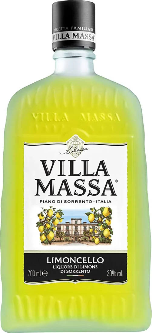 Bottiglia di limoncello Villa Massa con la dicitura Liquore di limone di Sorrento in etichetta
