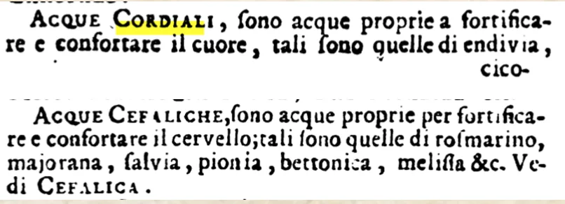Stralcio della Ciclopedia del 1747 sulle acque cordiali