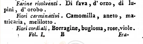 Stralcio del 1800 sui fiori cordiali dalle Notizie elementari di farmacia
