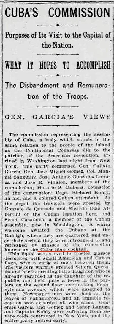 Ritaglio dell'Evening Star del 1 dicembre 1898 che cita il Cuba Libre cocktail servito alla delegazione cubana a Washington