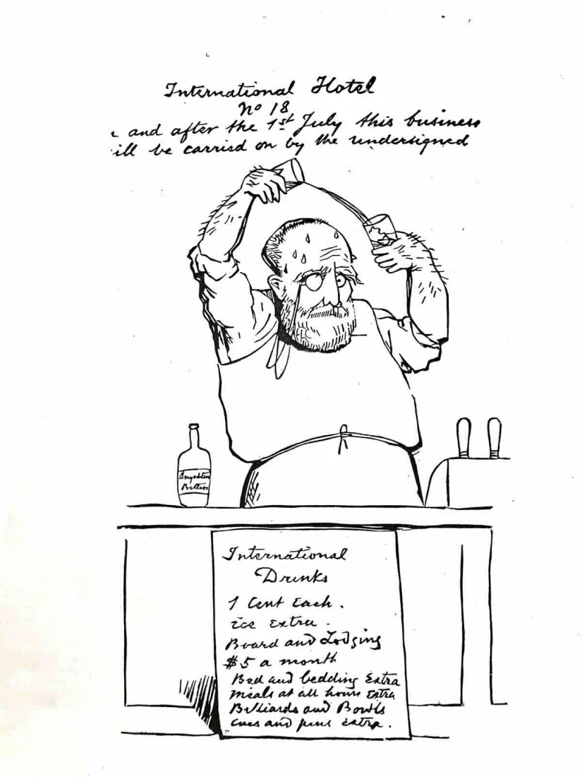 Caricatura di Charles Wirgman: Purvis, sudato e con il monocolo, versa un drink da un bicchiere all'altro a braccia alzate dietro un bancone con il listino International Drinks