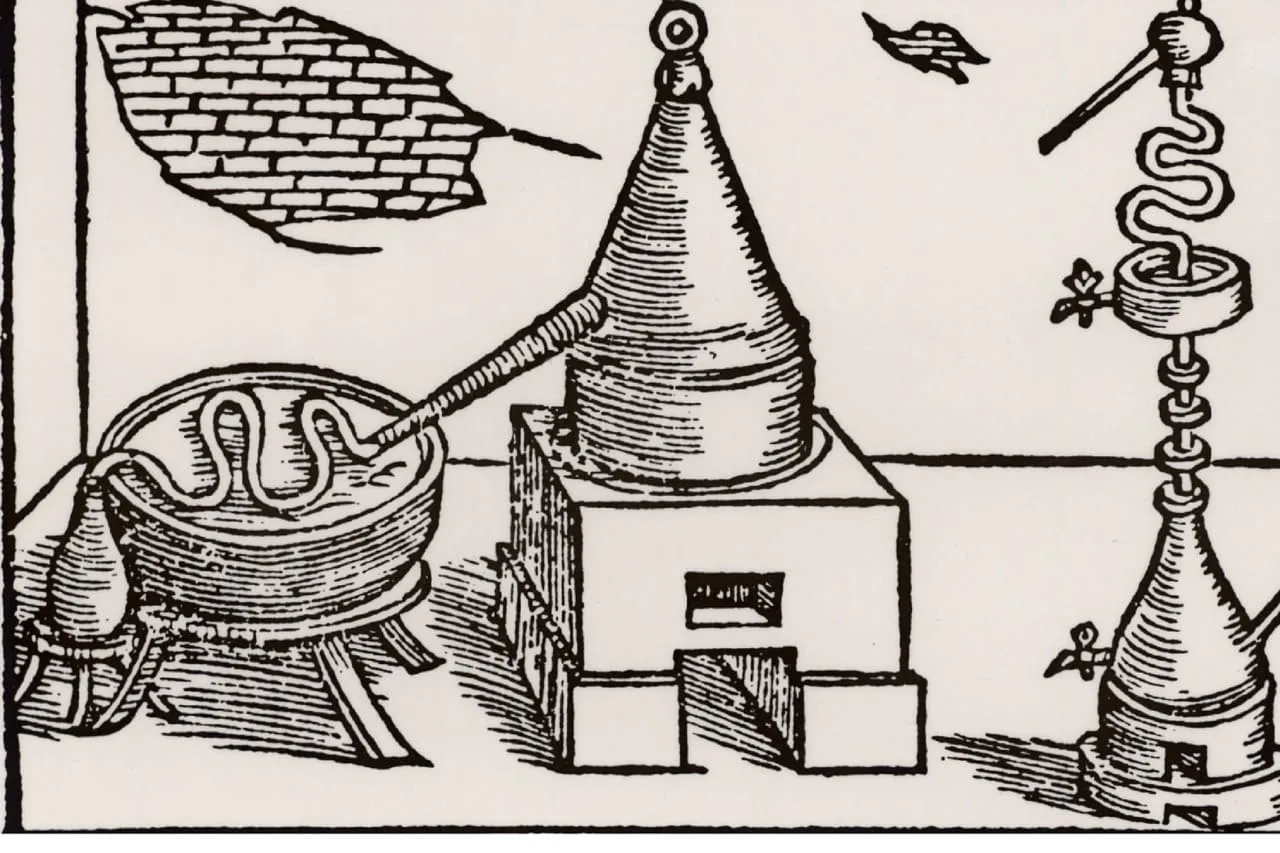 Raffigurazione d'epoca di un alambicco per la distillazione