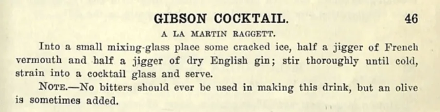 La ricetta del Gibson cocktail nel libro di Boothby del 1908, con l'oliva e senza cipollina