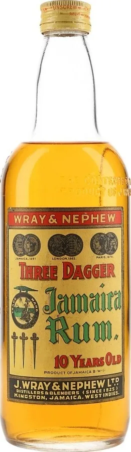 vecchia bottiglia di Wray & Nephew Three Dagger Jamaica Rum invecchiato 10 anni
