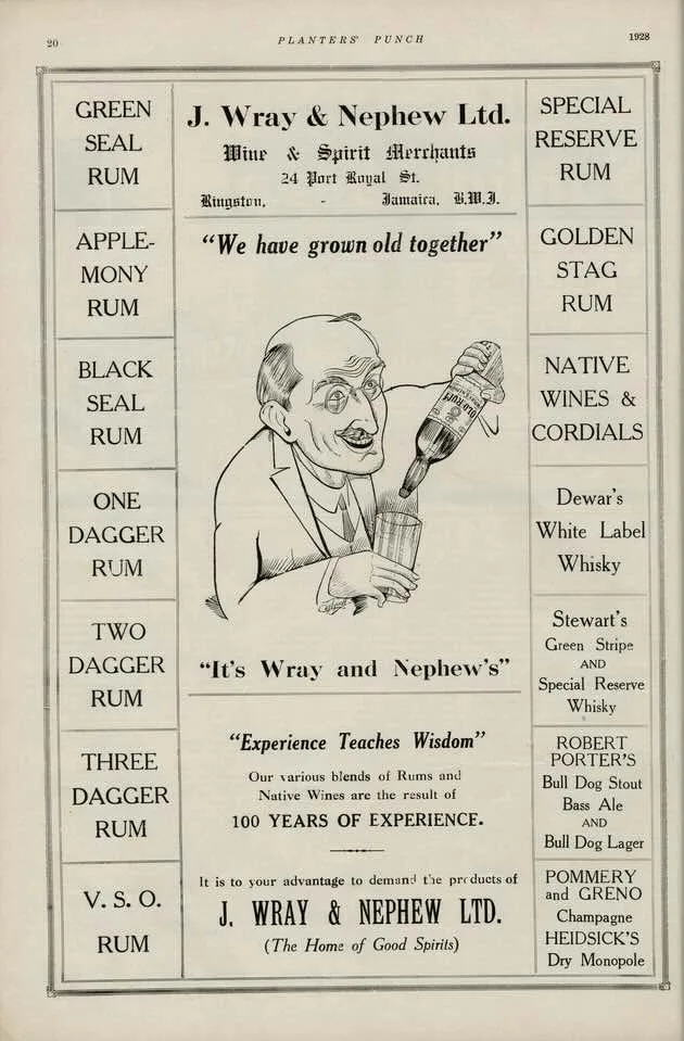 pubblicità del 1928 sulla rivista Planters' Punch dei rum J. Wray & Nephew, con i marchi Golden Stag, Dagger, Green Seal, Black Seal e Applemony