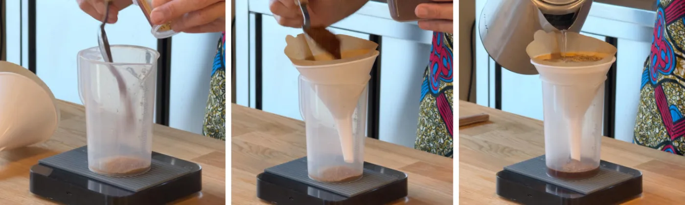 Tre fotografie degli step per preparare l'Indian Chai Coffee Cordial: estrazione del caffè su V60, infusione delle spezie e filtrazione