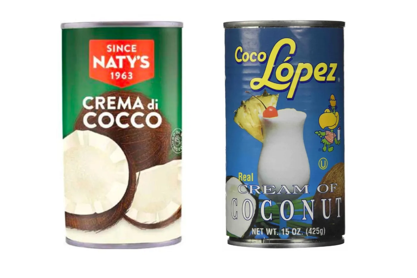 Due lattine di crema di cocco affiancate: Naty's Crema di Cocco e Coco Lopez Real Cream of Coconut