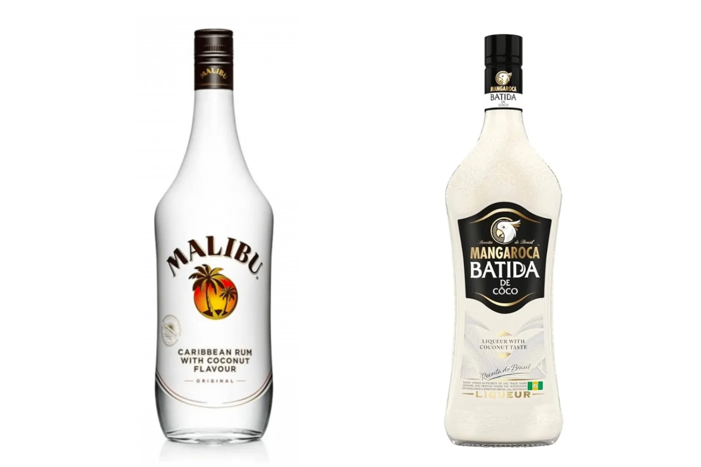 Una bottiglia di Malibu e una di Mangaroca Batida de Coco su fondo bianco