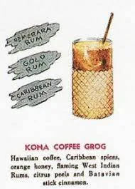 Illustrazione vintage del Kona Coffee Grog da un menu di Don the Beachcomber, con caffè hawaiano e rum caraibici