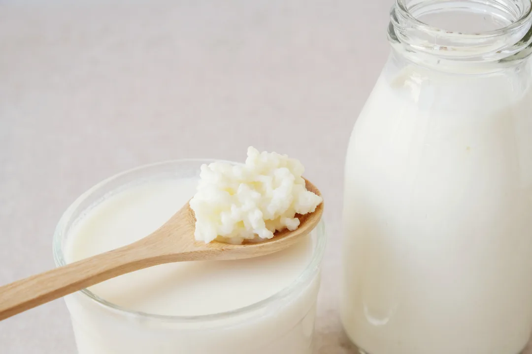 Kefir di latte in una ciotola accanto ai grani di kefir