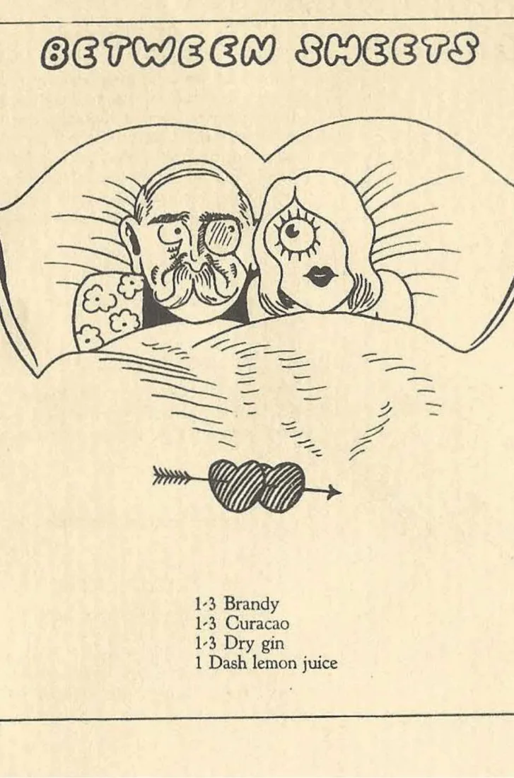 Pagina illustrata di Bottoms Up: un uomo con il monocolo e una donna a letto sotto il titolo Between Sheets, con la ricetta brandy, curacao, dry gin e limone