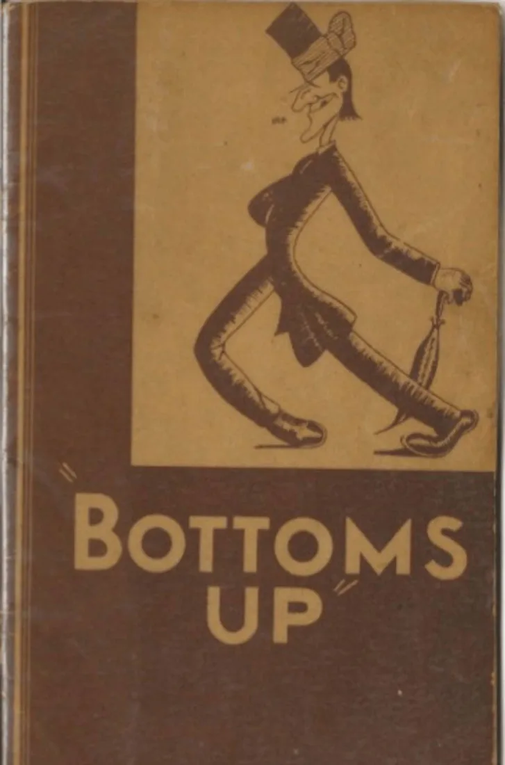 Copertina marrone e beige del libro Bottoms Up con la caricatura di un uomo in cilindro che cammina con un ombrello