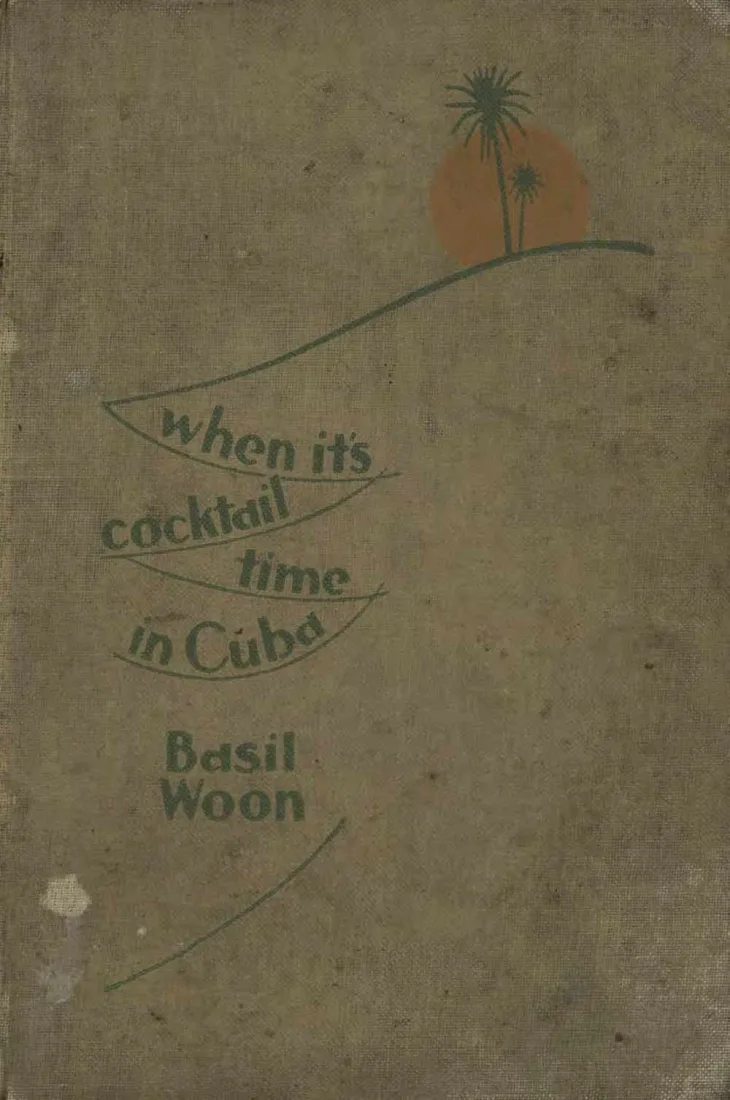 Copertina in tela del libro When It's Cocktail Time in Cuba di Basil Woon, con due palme stilizzate e il sole