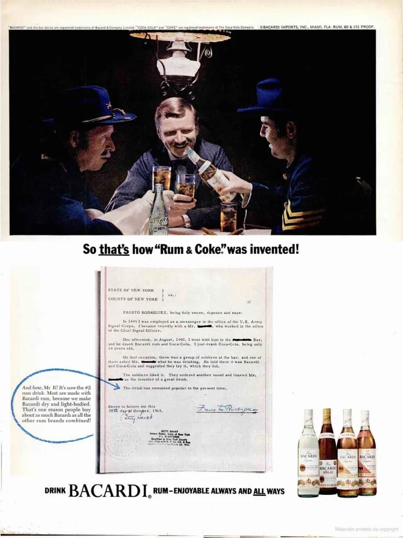 Pubblicità Bacardi del 1966 su LIFE: tre uomini in uniforme brindano con rum e Coca-Cola sotto la scritta So that's how Rum and Coke was invented, con la deposizione giurata di Fausto Rodriguez