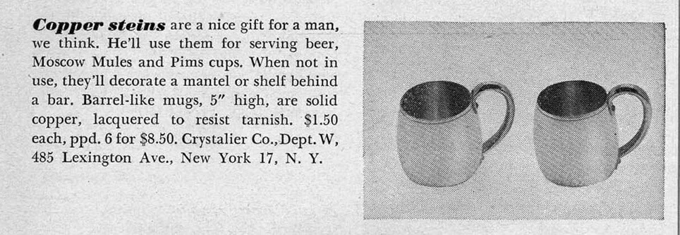 Inserzione pubblicitaria del 1949 con due boccali di rame: copper steins, ideali per birra, Moscow Mules e Pimm's cups