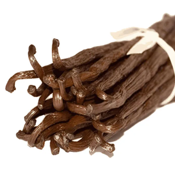 Un mazzetto di baccelli di vaniglia bourbon scuri e lucidi, legati con un nastro