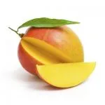 Un mango Tommy Atkins con la buccia rossa e gialla, una foglia e uno spicchio tagliato