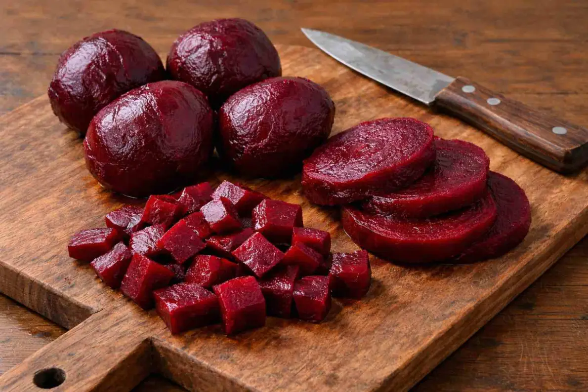 Barbabietole rosse cotte su tagliere di legno, pronte per l’utilizzo in fermentazioni e preparazioni per cocktail