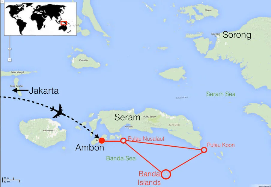 Mappa delle Molucche con Ambon, Seram e le isole Banda, e il percorso del viaggio da Jakarta