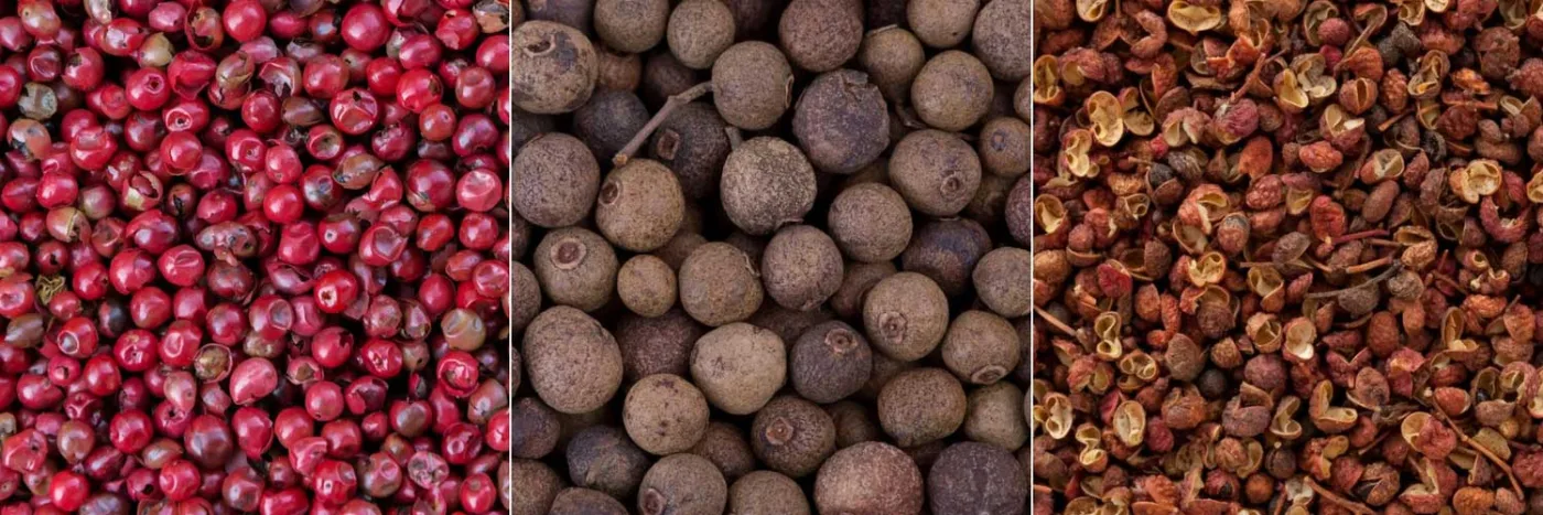 Tre falsi pepe affiancati: bacche rosa, grani marroni di pepe garofanato e bacche aperte di pepe di Sichuan