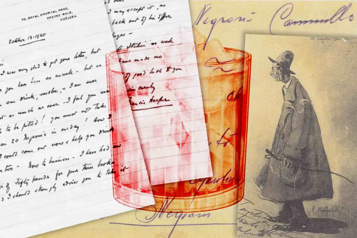 Collage digitale di immagini con una lettera scritta a mano e una cartolina che ritrae il conte Camillo Negroni. In primo piano un bicchiere tipo tumbler basso che contiene un liquido rosso (negroni cocktail).