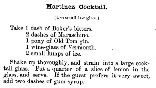 La ricetta del Martinez cocktail nel manuale di Jerry Thomas, edizione 1889