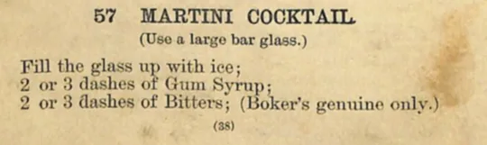 La ricetta del Martini Cocktail nel manuale di Harry Johnson, 1888: gum syrup, Boker's bitters, curacao, Old Tom gin e vermouth