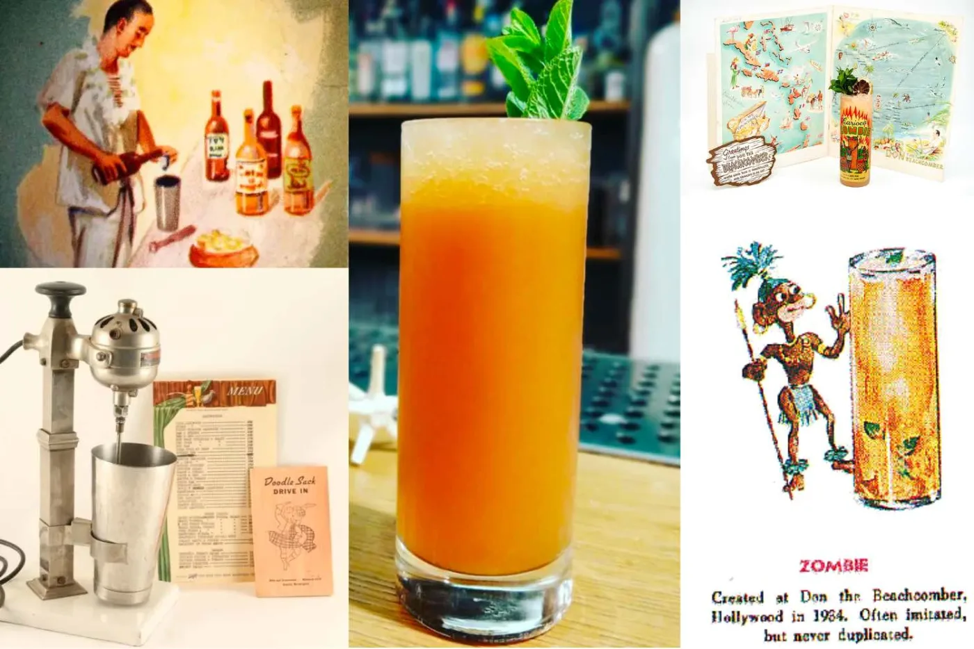 Collage con uno Zombie in bicchiere alto con menta, un vecchio frullatore da bar, un menu d'epoca e l'illustrazione dello Zombie creato da Don the Beachcomber nel 1934