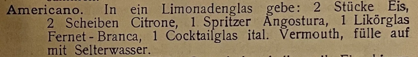 Ricetta stampata in tedesco dell'Americano dal Lexikon der Getränke: ghiaccio, limone, Angostura, Fernet-Branca, vermouth italiano e seltz
