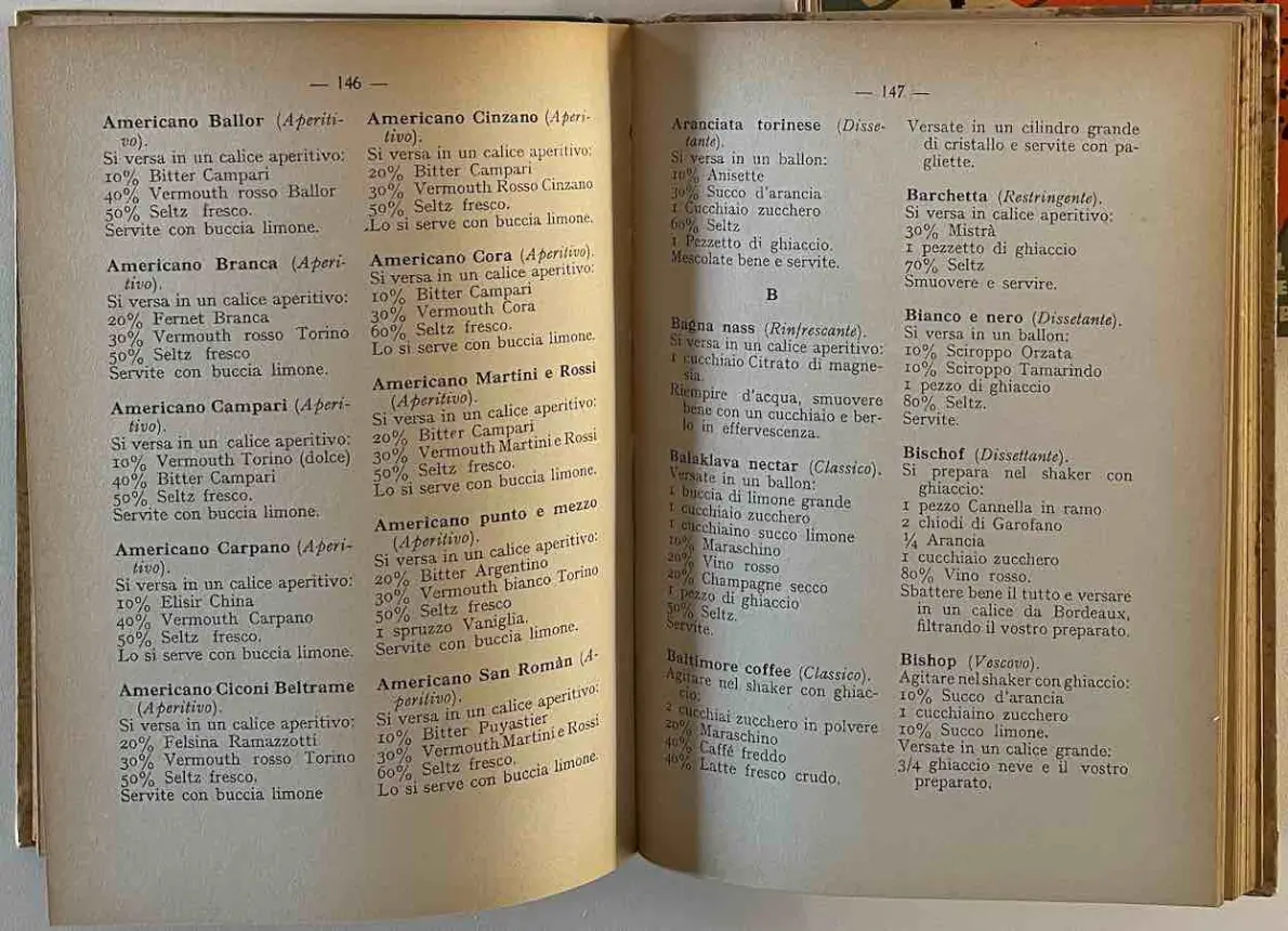 Il libro Mille Misture aperto alle pagine 146 e 147 con le ricette degli Americano: Ballor, Branca, Campari, Carpano, Cinzano, Cora, Martini e Rossi, punto e mezzo, San Romàn