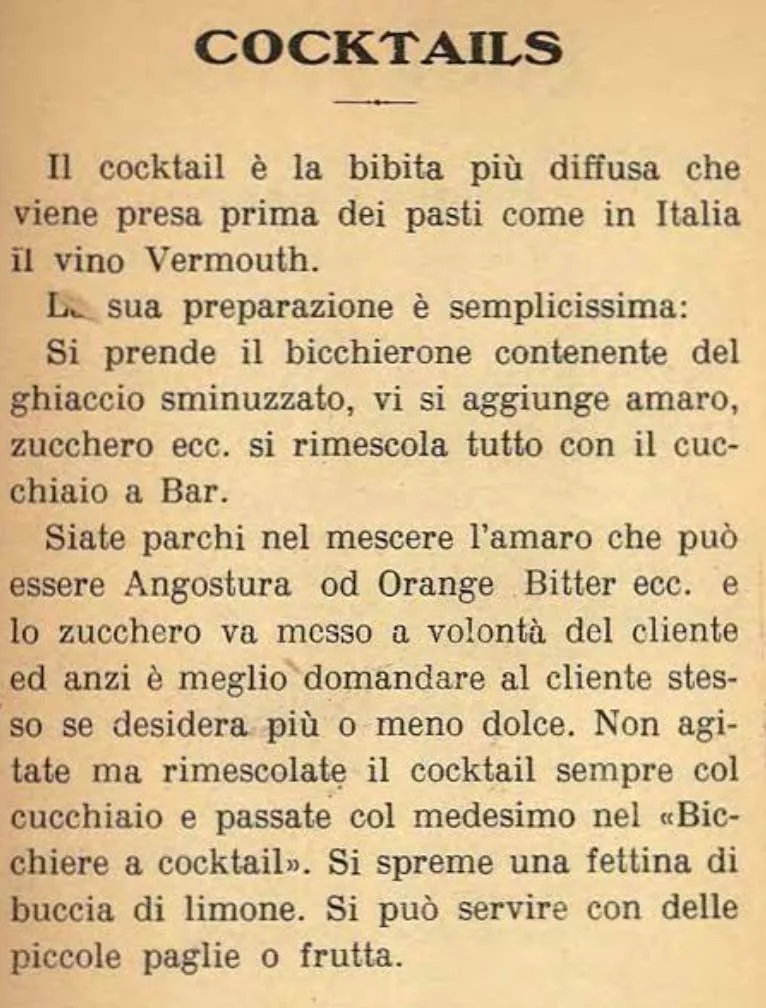 Pagina della Guida del Barman di Ferruccio Mazzon con il paragrafo Cocktails: la bibita più diffusa che viene presa prima dei pasti come in Italia il vino Vermouth