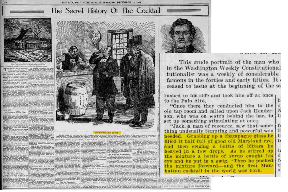 La pagina del Baltimore Sun del 13 dicembre 1908 con l'articolo The Secret History of the Cocktail e il passaggio evidenziato sulla nascita del primo Manhattan