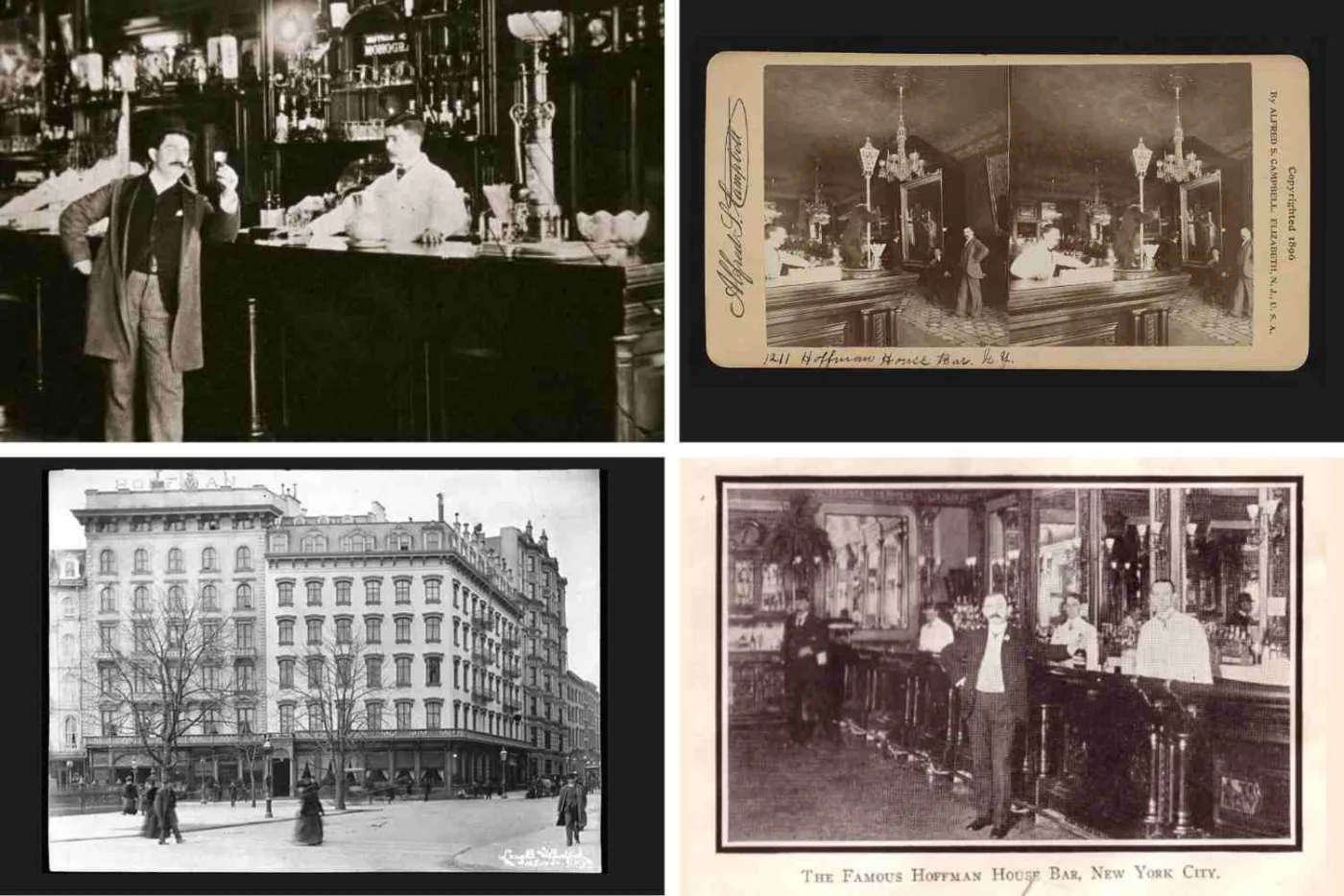 Quattro immagini d'epoca dell'Hoffman House di New York: il bancone con i barman, una cartolina stereoscopica del bar, la facciata dell'albergo e la sala del famoso Hoffman House Bar