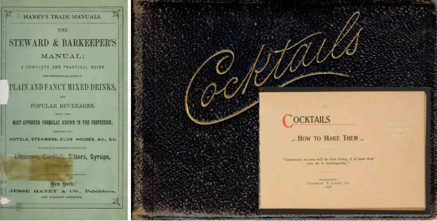 Due manuali storici: la copertina verde dello Steward and Barkeeper's Manual di Haney e il libro Cocktails, How to Make Them di Livermore and Knight del 1898