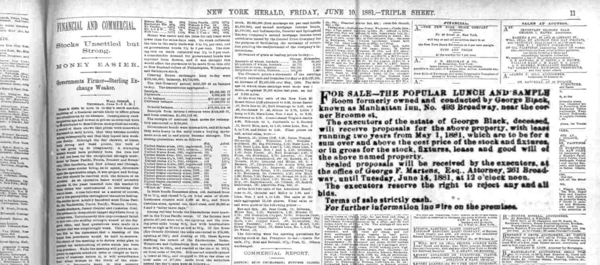 Pagina del New York Herald del 10 giugno 1881 con l'annuncio di vendita del locale di George Black, noto come Manhattan Inn, al 493 di Broadway