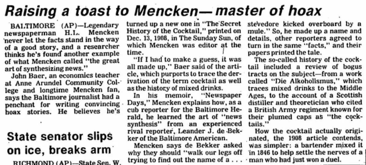 Ritaglio di giornale del 1982 con il titolo Raising a toast to Mencken, master of hoax, sulla scoperta di John Baer