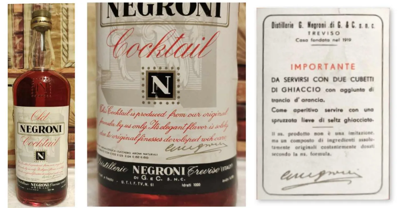 3 immagini del prodotto 'Old Negroni Cocktail' lanciato da una azienda di Treviso alla fine degli anni 50.