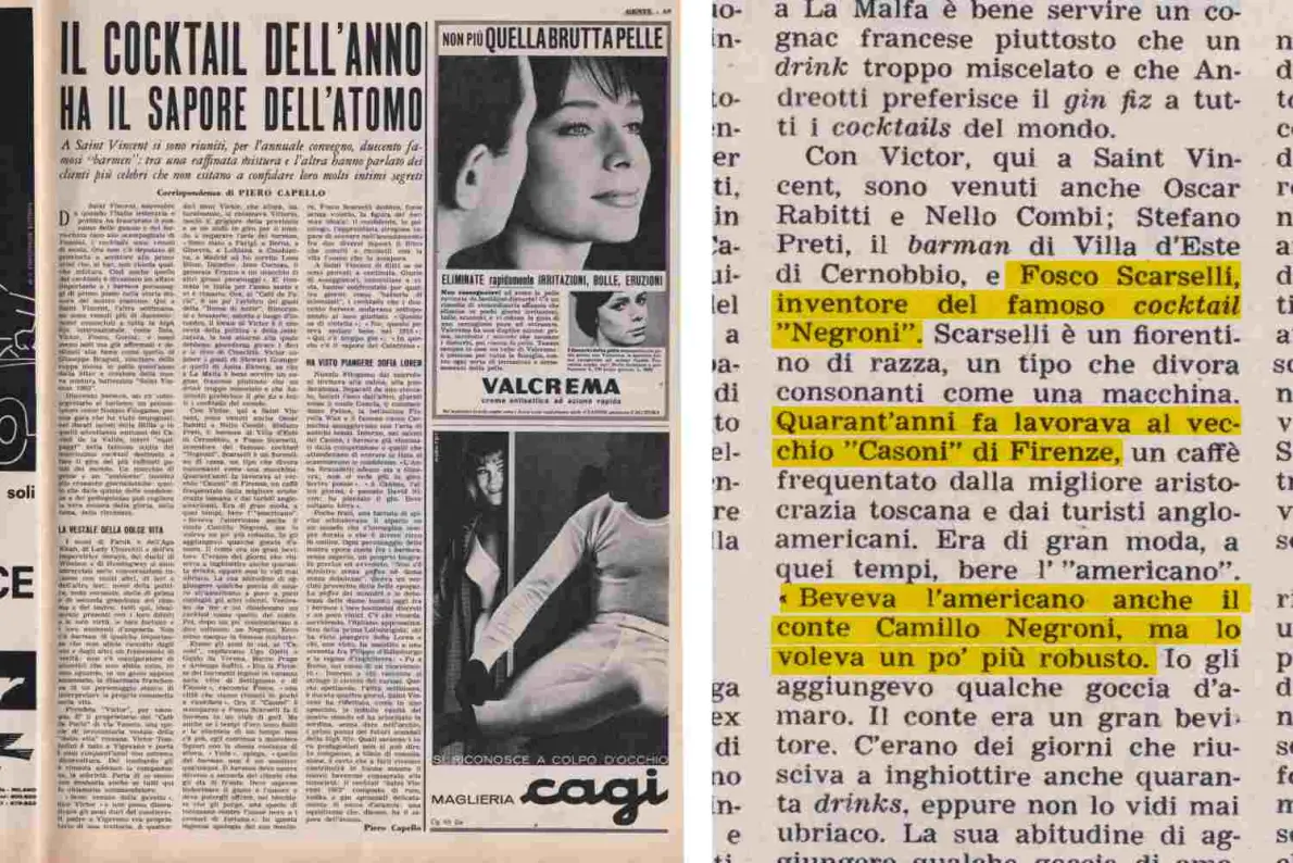 un articolo di 'Gente' del Novembre 1962 intitolato: “Il Cocktail dell’anno ha il sapore dell’atomo”. Nell'articolo viene menzionato Fosco Scarselli, il cocktail Americano e il Negroni